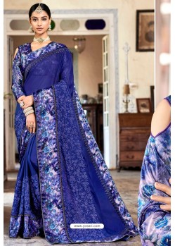 Dark Blue Party Wear Designer Embroidered Rangoli Georgette Sari