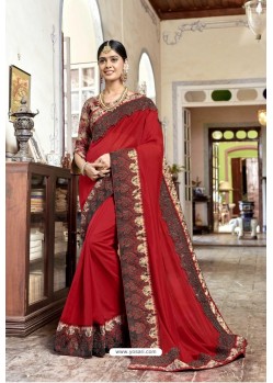 Red Party Wear Designer Embroidered Rangoli Georgette Sari