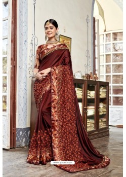 Brown Party Wear Designer Embroidered Rangoli Georgette Sari