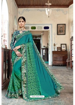 Teal Party Wear Designer Embroidered Rangoli Georgette Sari