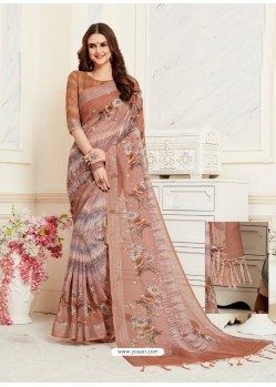 Camel Casual Wear Designer Digital Printed Handloom Linen Sari