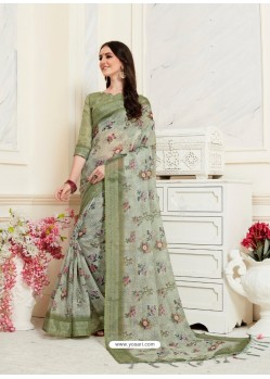 Olive Green Casual Wear Designer Digital Printed Handloom Linen Sari