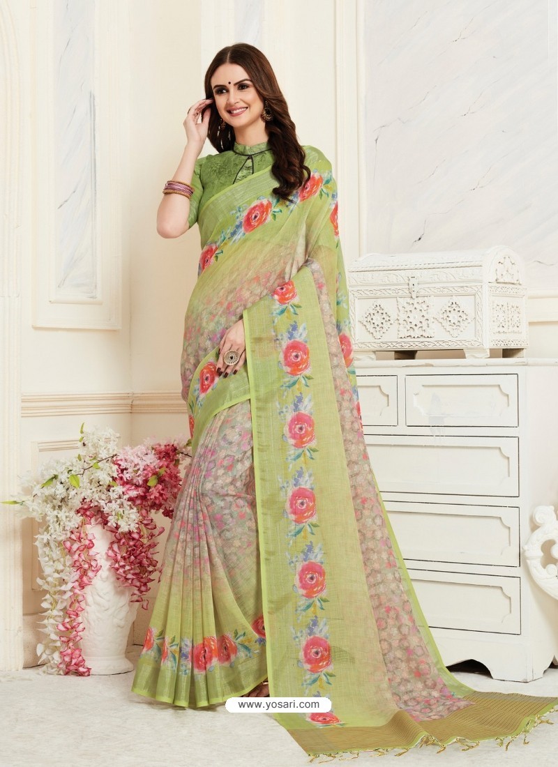 Buy Green Casual Wear Designer Digital Printed Handloom Linen Sari ...