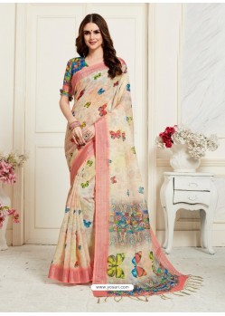 Light Beige Casual Wear Designer Digital Printed Handloom Linen Sari