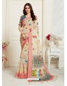 Light Beige Casual Wear Designer Digital Printed Handloom Linen Sari