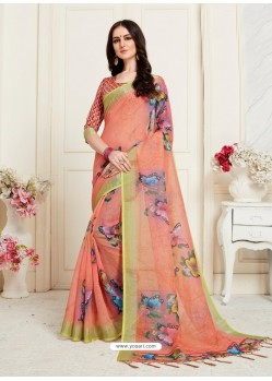 Peach Casual Wear Designer Digital Printed Handloom Linen Sari