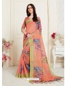 Peach Casual Wear Designer Digital Printed Handloom Linen Sari