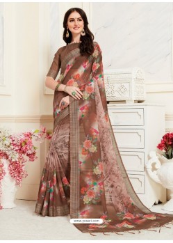 Brown Casual Wear Designer Digital Printed Handloom Linen Sari