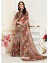 Brown Casual Wear Designer Digital Printed Handloom Linen Sari