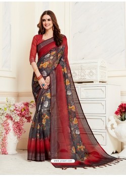 Multi Colour Casual Wear Designer Digital Printed Handloom Linen Sari