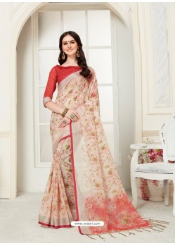 Light Beige Casual Wear Designer Digital Printed Handloom Linen Sari