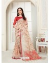 Light Beige Casual Wear Designer Digital Printed Handloom Linen Sari