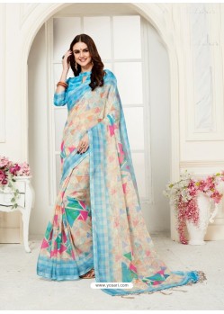 Light Beige Casual Wear Designer Digital Printed Handloom Linen Sari