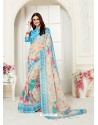 Light Beige Casual Wear Designer Digital Printed Handloom Linen Sari