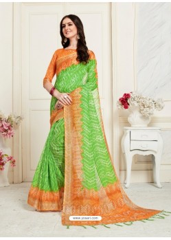 Green Casual Wear Designer Digital Printed Handloom Linen Sari