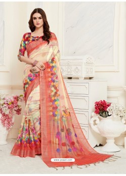 Multi Colour Casual Wear Designer Digital Printed Handloom Linen Sari