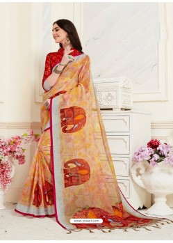 Rust Casual Wear Designer Digital Printed Handloom Linen Sari