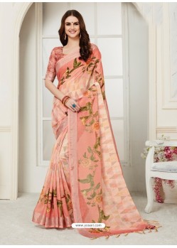 Peach Casual Wear Designer Digital Printed Handloom Linen Sari