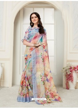 Multi Colour Casual Wear Designer Digital Printed Handloom Linen Sari