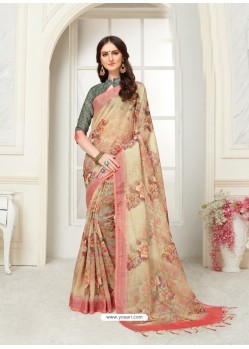 Multi Colour Casual Wear Designer Digital Printed Handloom Linen Sari