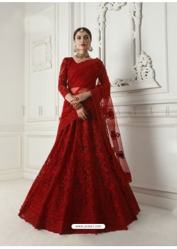 Red Heavy Embroidered Designer Net Wedding Lehenga Choli
