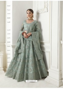 Grayish Green Heavy Embroidered Designer Net Wedding Lehenga Choli