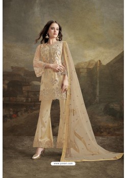 Beige Super Net Party Wear Embroidered Suit