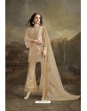 Beige Super Net Party Wear Embroidered Suit