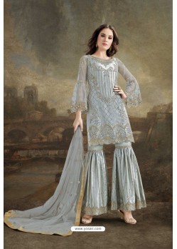 Grey Super Net Party Wear Embroidered Suit
