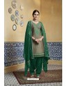 Grey And Green Pure Satin Embroidered Salwar Suit
