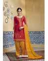 Red And Yellow Pure Satin Embroidered Salwar Suit