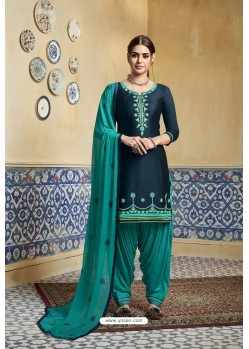 Navy Blue Pure Satin Embroidered Salwar Suit