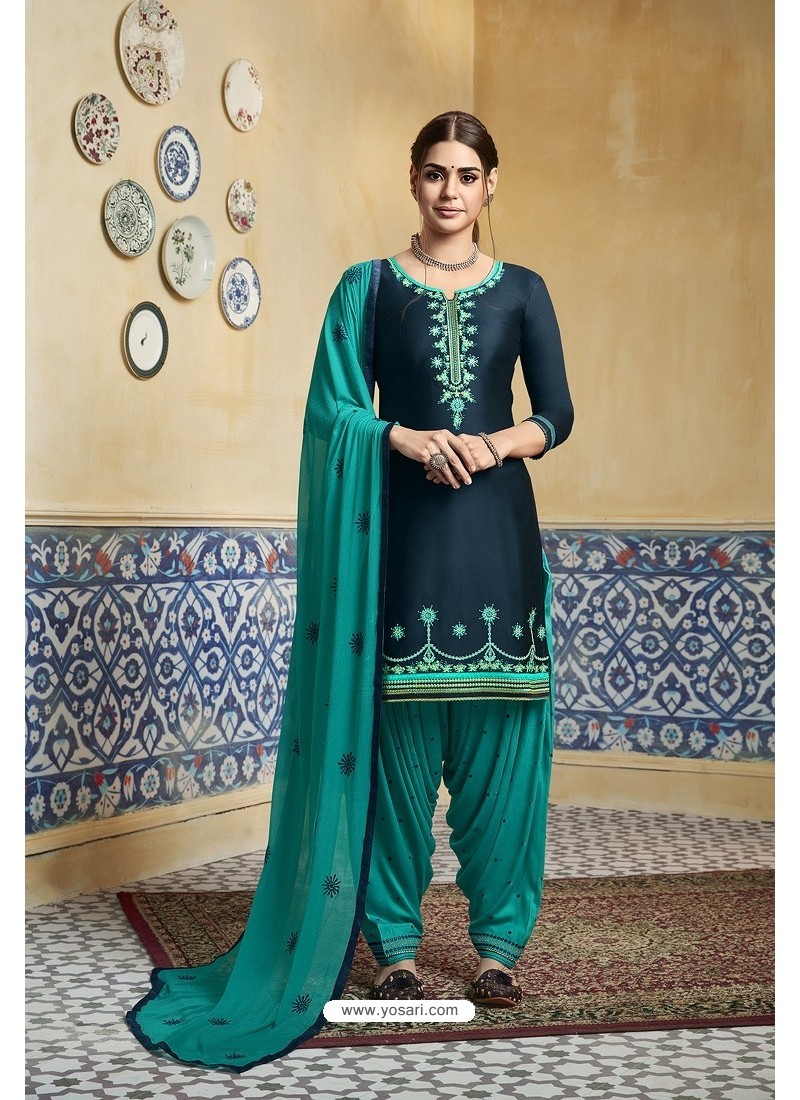 Buy Navy Blue Pure Satin Embroidered Salwar Suit | Punjabi Patiala ...