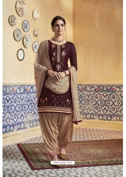 Brown Pure Satin Embroidered Salwar Suit
