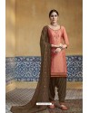 Dark Peach Pure Satin Embroidered Salwar Suit