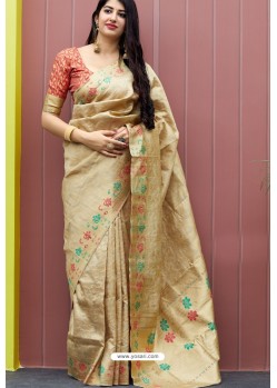 Light Beige Banarasi Silk Designer Jacquard Worked Saree