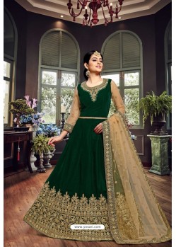 Dark Green Velvet Stone Worked Designer Anarkali Suit