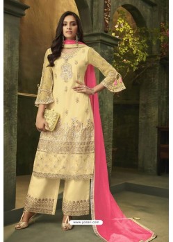 Yellow Butterfly Net Embroidered Designer Straight Suit