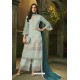 Aqua Grey Butterfly Net Embroidered Designer Straight Suit