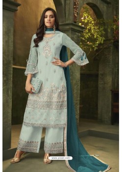 Aqua Grey Butterfly Net Embroidered Designer Straight Suit