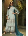 Aqua Grey Butterfly Net Embroidered Designer Straight Suit