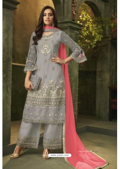 Grey Butterfly Net Embroidered Designer Straight Suit