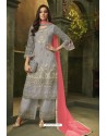 Grey Butterfly Net Embroidered Designer Straight Suit