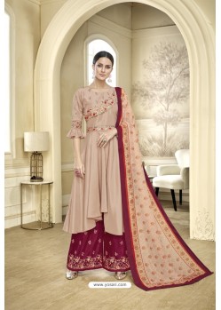 Beige Maslin Heavy Embroidered Designer Palazzo Suit