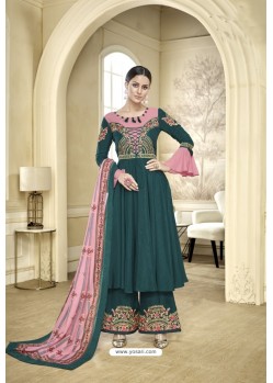 Teal Maslin Heavy Embroidered Designer Palazzo Suit