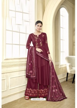 Maroon Maslin Heavy Embroidered Designer Palazzo Suit