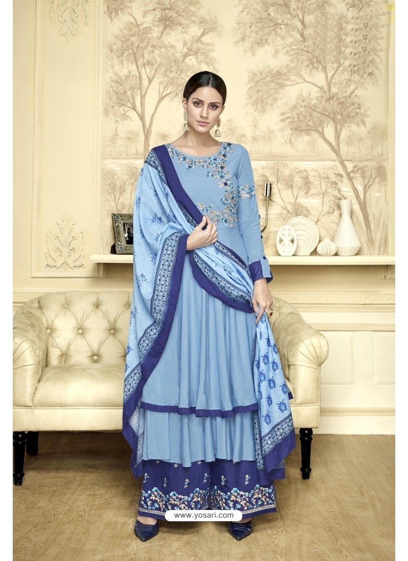 Buy Blue Maslin Heavy Embroidered Designer Palazzo Suit | Palazzo ...
