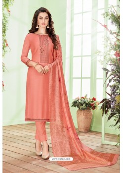 Light Red Cotton Embroidered Designer Straight Suit