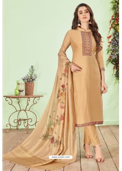 Beige Cotton Embroidered Designer Straight Suit