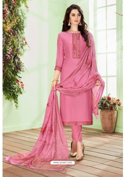 Light Pink Cotton Embroidered Designer Straight Suit